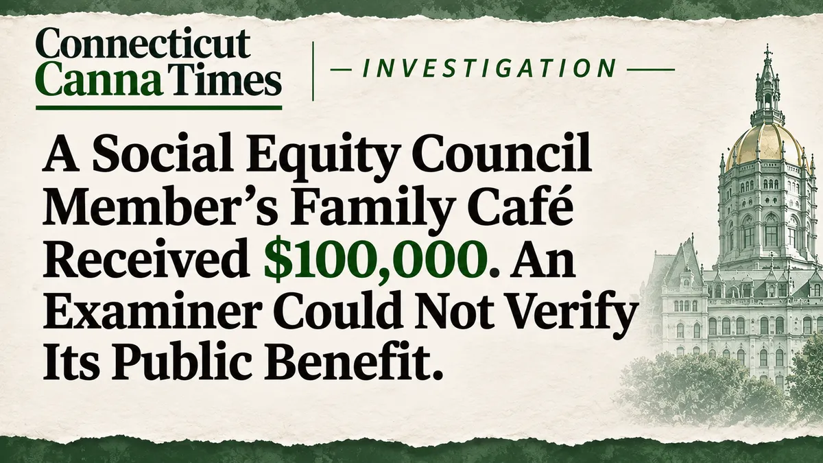 Connecticut CannaTimes investigation header reading: A Social Equity Council Member's Family Cafe Received $100,000. An Examiner Could Not Verify Its Public Benefit.