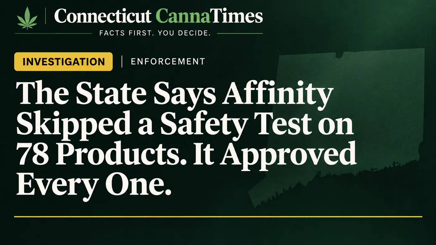 Connecticut CannaTimes investigation header on a dark green field with the outline of Connecticut: The State Says Affinity Skipped a Safety Test on 78 Products. It Approved Every One.