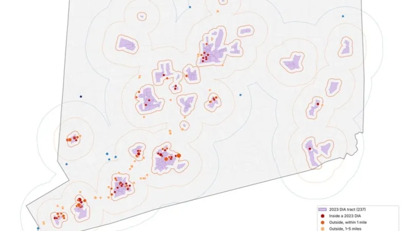 Map of Connecticut showing documented cannabis enforcement premises from January 2023 to October 16, 2026, colored by distance to the nearest 2023 Disproportionately Impacted Area, with DIA tracts shaded and 1-, 5- and 10-mile buffer outlines.