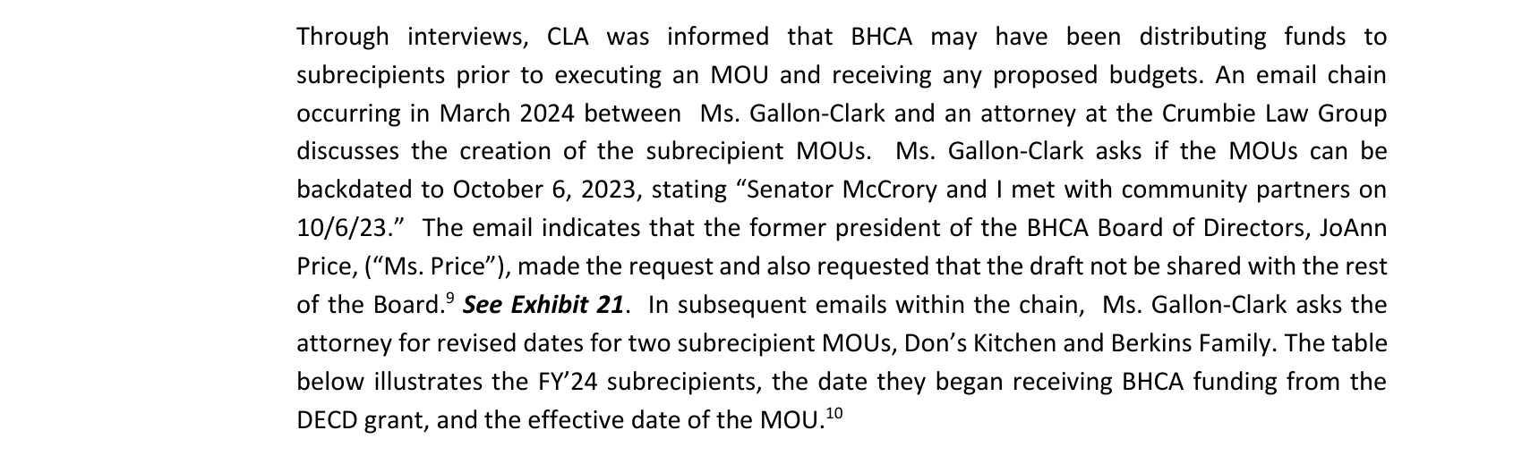 Passage from the January 2026 forensic report describing the March 2024 email chain in which BHCA’s former executive director asked an attorney whether the agreements could be backdated to October 6, 2023, and later asked for revised dates for Don’s Kitchen and Berkins Family.