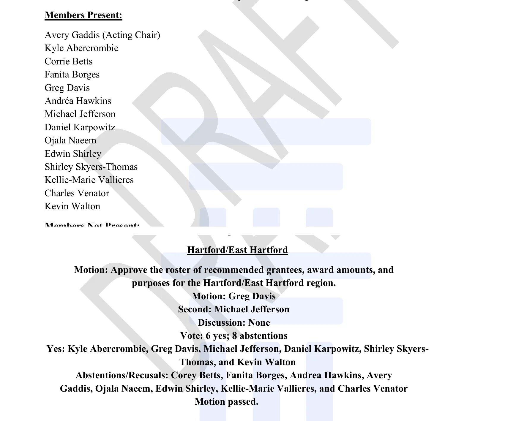 Two excerpts from the Council’s draft minutes for September 8, 2026. The attendance list names Andréa Hawkins among members present. The Hartford and East Hartford vote records six yes votes and eight abstentions or recusals, with Andrea Hawkins among those who stepped aside.