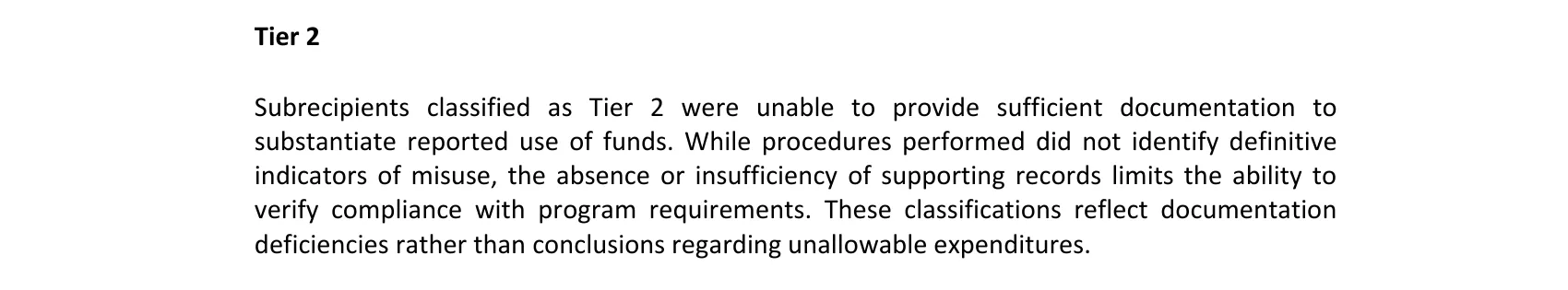 The September 2026 report’s definition of its Tier 2 classification, stating that procedures performed did not identify definitive indicators of misuse and that the classifications reflect documentation deficiencies rather than conclusions regarding unallowable expenditures.