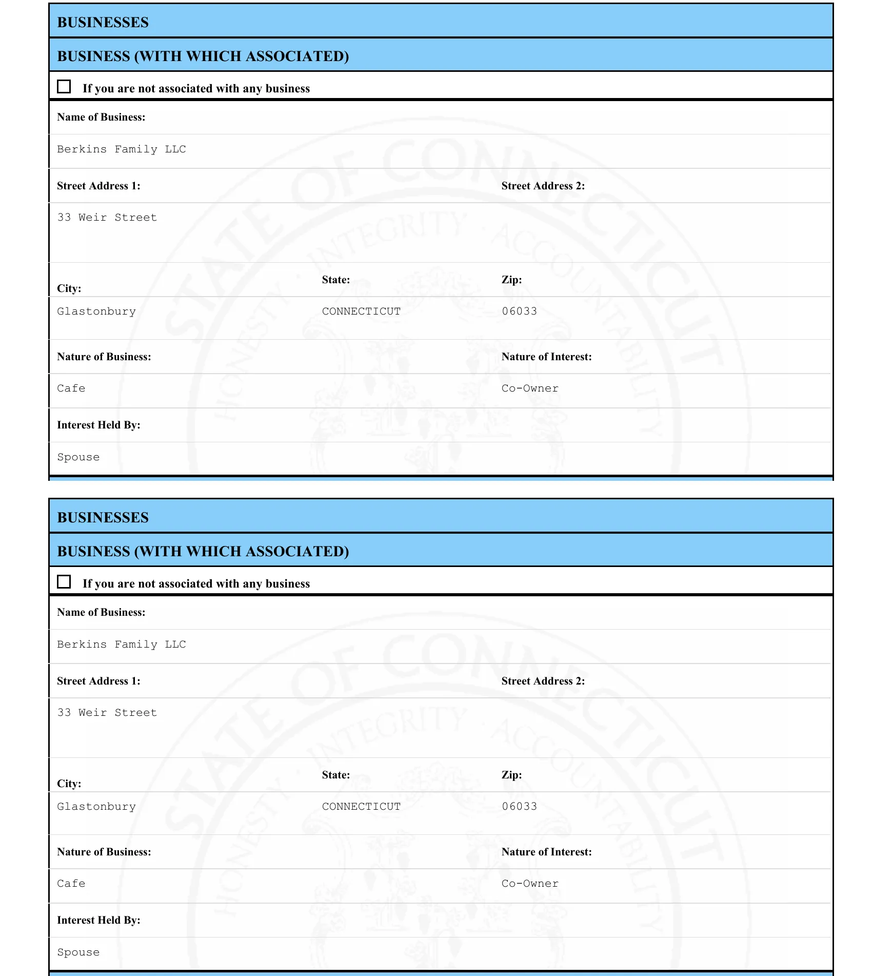 The Businesses sections of Andrea Hawkins’s 2024 and 2025 Statements of Financial Interests, each listing Berkins Family LLC at 33 Weir Street, Glastonbury, nature of business Cafe, nature of interest Co-Owner, interest held by Spouse, in identical terms to the 2023 filing.