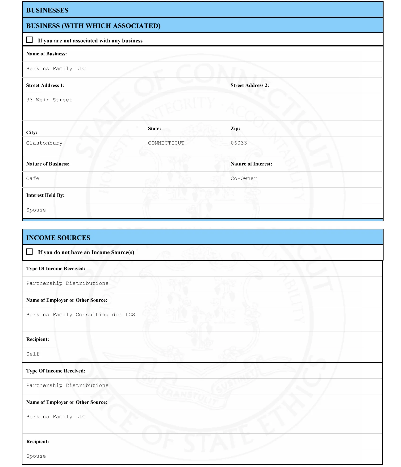 Two sections of Andrea Hawkins’s 2023 Statement of Financial Interests. The Businesses section lists Berkins Family LLC at 33 Weir Street, Glastonbury, nature of business Cafe, nature of interest Co-Owner, interest held by Spouse. The Income Sources section lists partnership distributions from Berkins Family Consulting dba LCS with recipient Self, and partnership distributions from Berkins Family LLC with recipient Spouse.