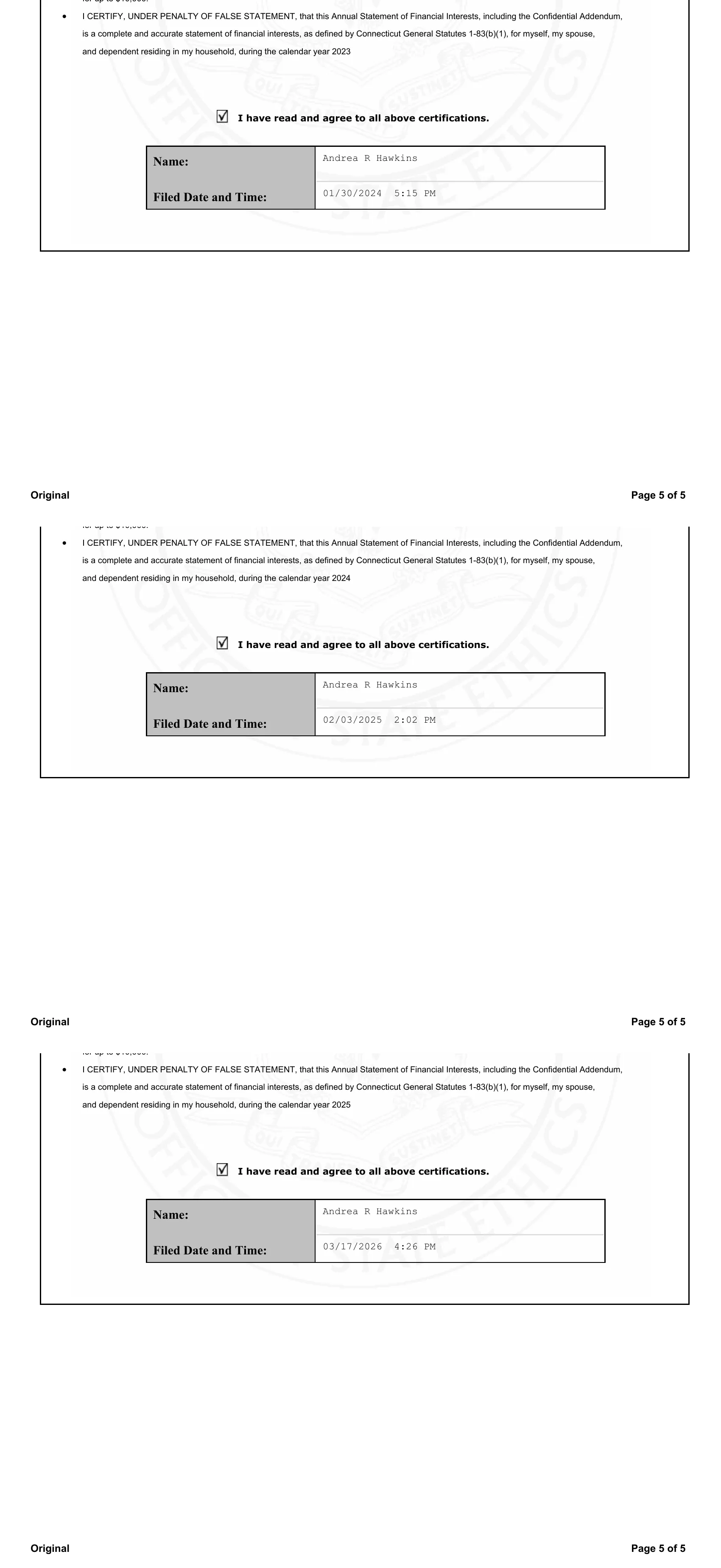 The certification and filing-date blocks from all three Statements of Financial Interests, each reading “I CERTIFY, UNDER PENALTY OF FALSE STATEMENT” and showing filed dates and times of January 30, 2024 at 5:15 PM, February 3, 2025 at 2:02 PM, and March 17, 2026 at 4:26 PM.