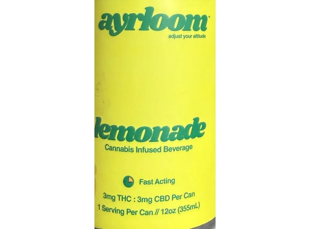 Front of an Ayrloom Lemonade cannabis infused beverage can listing 3mg THC and 3mg CBD per can and Fast Acting
