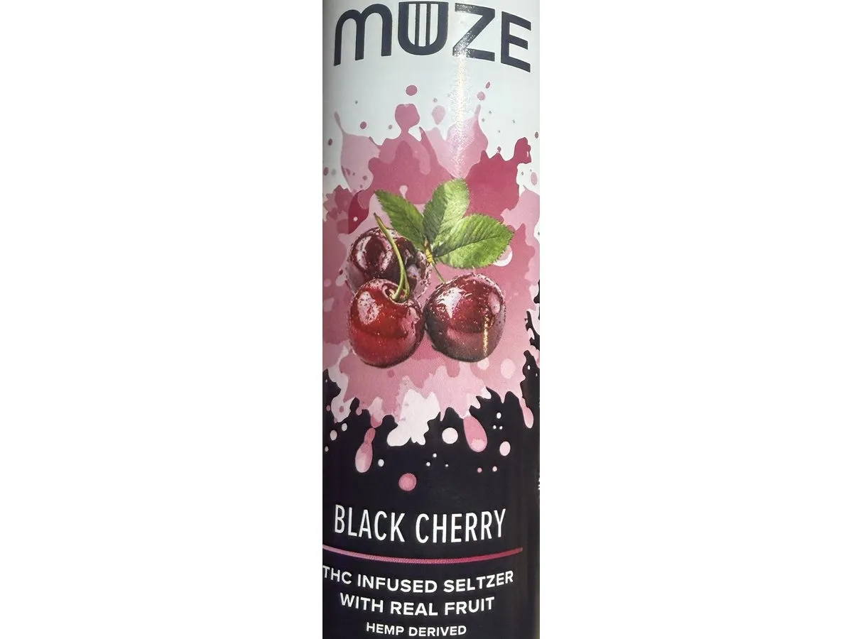 Front of a MUZE Black Cherry THC infused seltzer can