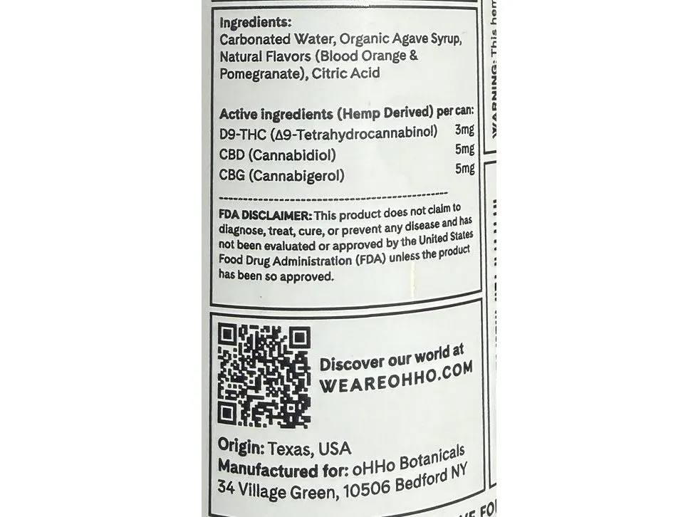 oHHo can back panel listing active ingredients and reading Origin: Texas, USA, Manufactured for oHHo Botanicals, Bedford NY