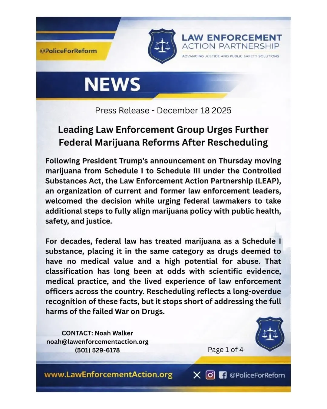 Image accompanying: Law Enforcement Reform Group Says Rescheduling Falls Short, Calls for Full Federal Fix